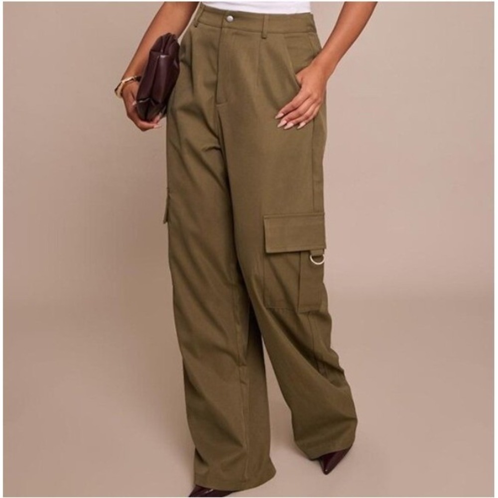PrettyLittleThing Y2k High Wasited Cargo Pants Women 2 Olive Green Wide Leg New